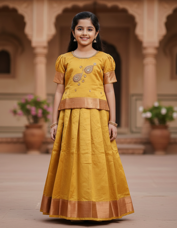 Yellow semi silk pattu pavadai for girls with puff sleeve and zari border – Sri Thulir Tex